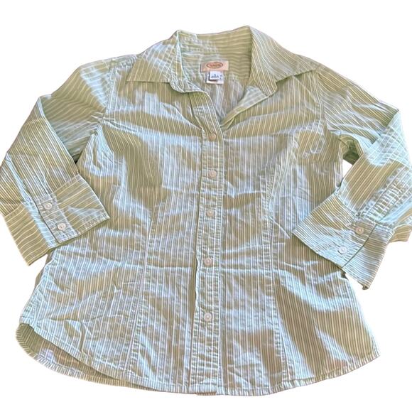 Talbots Green & White Striped Blouse Woman Size Small Button Up 3/4 Sleeves - Picture 4 of 8